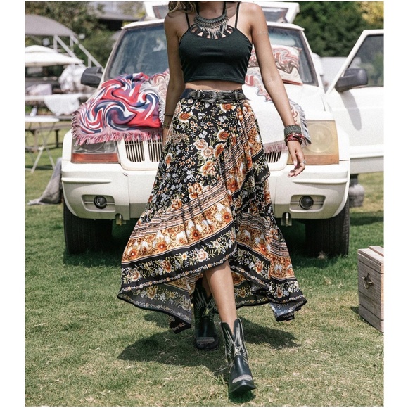 047 Bohemian Floral Paisley Print Ruffle Maxi Skirt - Picture 7 of 9